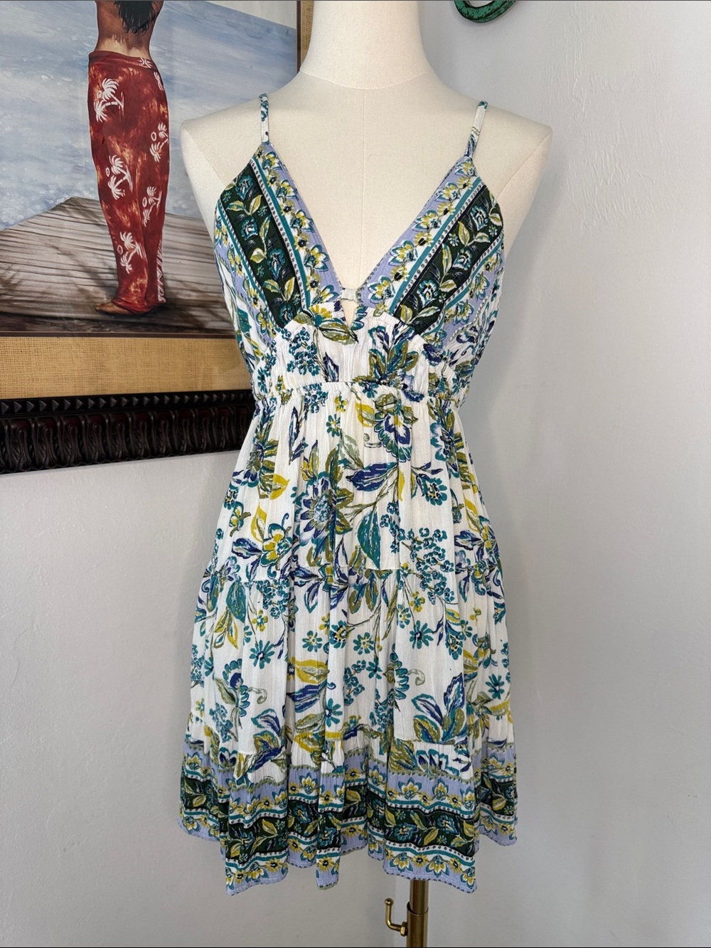 Angie Floral V-Neck Spaghetti Strap Sundress in White/Blue/Green
